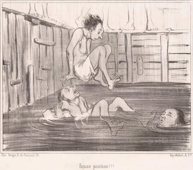 Man jumps into the pool above another man, False position!, Bathing men, Les Baigneurs, cartoon, Series number, 14, 30, printmaker: Honoré Daumier, printer (person): Aubert & Cie., Paris, publisher: Bauger, 1840, printer (person), paper, lithography, letterpress printing, lithography with text in letterpress on verso, height 244 mm x width 363 mm, Print possibly from: Le Charivari, June 22, 1840., caricatures (human types), public baths, swimming (movement in water), A monochrome drawing shows a wooden interior with vertical planks and a ledge, a thin person perched on the ledge with knees drawn up and a startled expression, hair standing up and a simple garment clinging to the body, below them a figure floating on their back with mouth open and hands near the chest, another floating head turned upward with closed lips, rippling water around the floating bodies, and the lower edge of the composition framed by a narrow border.