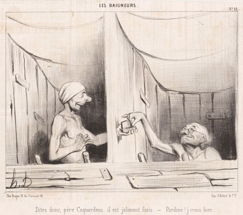 Two old men exchanging tobacco in their bathtub, Dites donc, père Coquardeau, Men bathing, Les baigneurs, cartoon, Series number, 15, 30, printmaker: Honoré Daumier, printer (person): Aubert & Cie., Paris, publisher: Bauger, 1840, printer (person), paper, lithography, letterpress printing, lithography with letterpress text on verso, height 240 mm x width 363 mm, Print possibly from: Le Charivari, August 9, 1840., caricatures (human types), snuff-box, public baths (two together), A pencil drawing shows two nude elderly figures seated in adjacent curtained wooden stalls separated by a central post, the figure on the left wearing a cap and looking toward the right with a hand on their chest, the figure on the right wearing glasses and leaning upward with an outstretched arm holding a small boxlike object; rough wooden planks, curtain folds, and simple hinges frame the stalls, and the scene is rendered in soft shading with visible sketch lines.