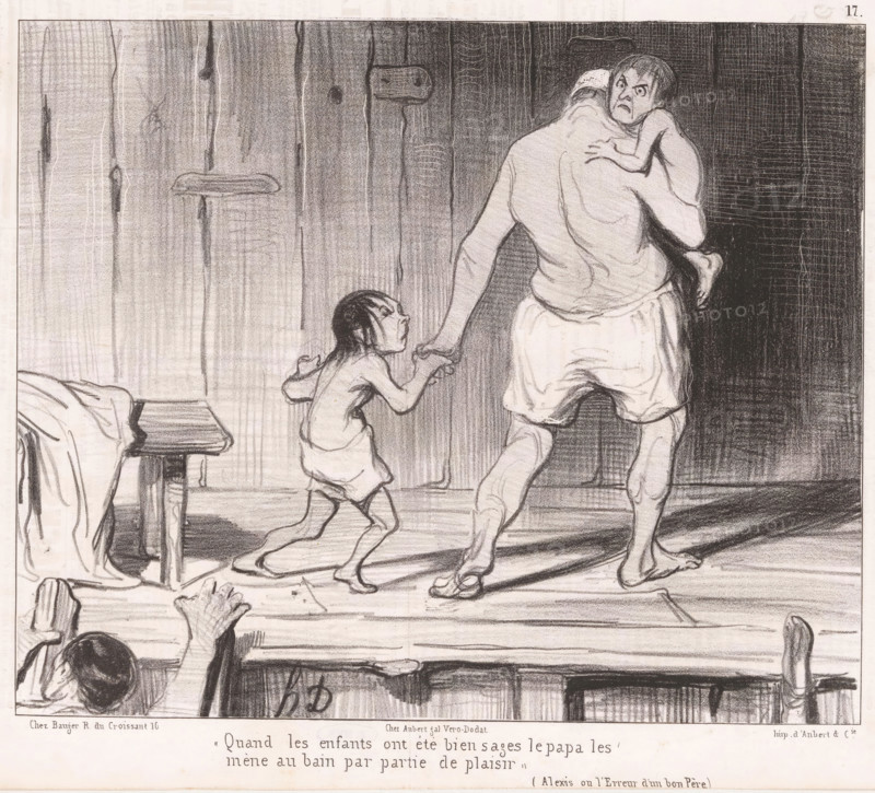 Quand les enfants ont été bien sages, Vader met twee kinderen in het zwembad, Badende mannen, Les baigneurs, cartoon, Series number, 17, 30, printmaker: Honoré Daumier, printer (person): Aubert & Cie., Paris, publisher: Bauger, 1840, printer (person), paper, lithography, letterpress printing, lithography with text in letterpress on verso, height 241 mm x width 363 mm, Print possibly from: Le Charivari, 6 September 1840., caricatures (human types), public baths, father and child(ren), man and child(ren) (family group), A pencil drawing of a wooden interior showing a man seen from behind carrying a small child on one shoulder while holding the hand of another child who walks beside him; the man wears a loose undergarment and slippers, the child on his shoulder clings with a tense expression, and the child walking looks up toward the man with a distressed face; a simple wooden stool and a rumpled cloth appear to the left, and a portion of a bed or bench is visible with an arm and hand rea...