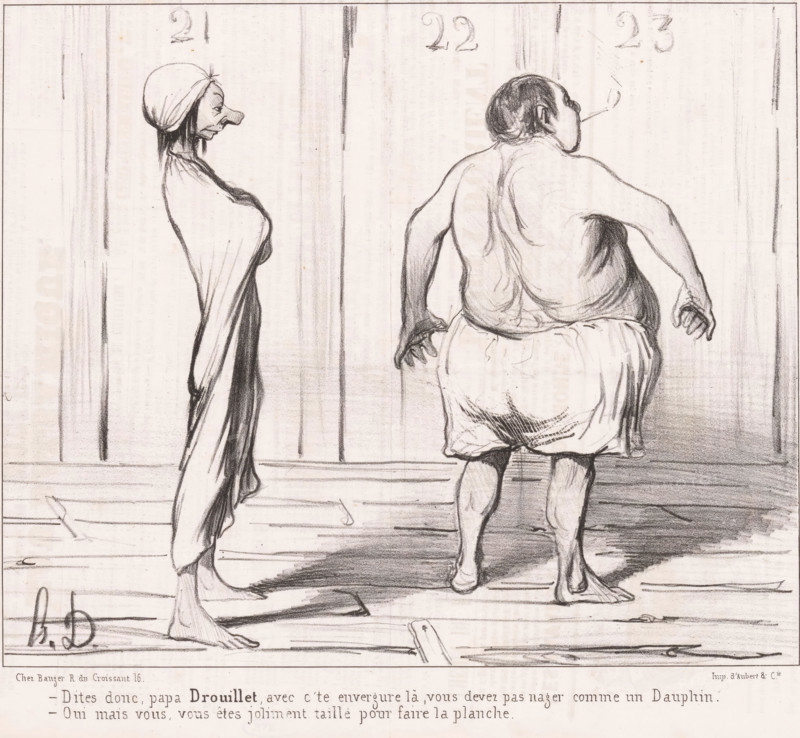 Thin and portly man in the swimming pool, Les baigneurs, Men bathing, cartoon, Series number, 18, 30, printmaker: Honoré Daumier, printer (person): Aubert & Cie., Paris, publisher: Bauger, 1840, printer (person), paper, lithography, letterpress printing, lithography with letterpress text on verso, height 243 mm x width 363 mm, Print possibly from: Le Charivari, September 22, 1840., caricatures (human types), public baths, fat and thin (human types), A pencil drawing of two barefoot figures standing on a wooden floor in front of a paneled backdrop, one figure facing left with a long, draped garment and a head covering, showing a prominent nose in profile, the other seen from behind with a bare back, muscular shoulders, a short skirt-like cloth, and a cigarette or thin stick held near the mouth, vertical shading lines on the background panels, floorboards and scattered small marks on the ground, and a strip of printed text along the bottom edge partially visible.