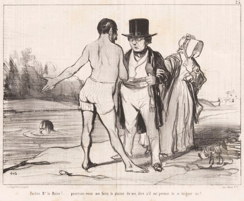 Man in swimming trunks asks mayor if he can swim, Excuse me, Mr. le Maire!, Bathing men, Les baigneurs, cartoon, Series number, 25, 30, printmaker: Honoré Daumier, printer (person): Aubert & Cie., Paris, publisher: Bauger, 1842, printer (person), paper, lithography, letterpress printing, lithography with letterpress text on verso, height 236 mm x width 362 mm, Print possibly from: Le Charivari, August 7, 1842., river, caricatures (human types), swimming (movement in water), A pencil or charcoal drawing of three standing figures at a shoreline with a small head and shoulders visible in the water nearby; a man facing away from the viewer wears striped knee-length undergarments and stands barefoot on the sand with one arm extended toward the water, a second man faces him wearing a tall top hat, spectacles, a dark coat over lighter clothing and holds a cloth at his waist with a stern expression, and a woman beside the second man wears a bonnet and a long dress and gestures with one hand ne...