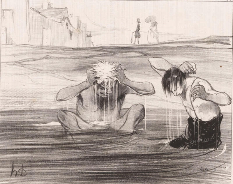Two men bathe in a river, Attention, Gargouillet, Bathing men, Les baigneurs, cartoon, Series number, 26, 30, printmaker: Honoré Daumier, printer (person): Aubert & Cie., Paris, publisher: Bauger, 1842, printer (person), paper, lithography, letterpress printing, lithography with letterpress text on verso, height 236 mm x width 363 mm, Print possibly from: Le Charivari, August 13, 1842., river, caricatures (human types), washing and bathing, A monochrome pencil drawing shows two partially submerged figures in the foreground, both bending forward with water streaming from their hair and bodies; one sits cross-legged holding their head with both hands while water pours from a spiky white mass atop their head, the other kneels with hair hanging forward and one hand raised near their shoulder. The water surface around them is rendered with broad horizontal strokes and rippling lines. In the distant background there are simple blocky structures with pitched roofs on the left and two small, u...