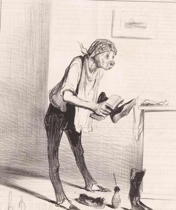 One is never well served only by oneself, Man polishes his boots, Proverbs and sayings, Proverbs and maxims, cartoon, Series number, 2, 12, printmaker: Honoré Daumier, printer (person): Aubert & Cie., Paris, publisher: Bauger, 1840, printer (person), paper, lithography, letterpress printing, lithography with text in letterpress on verso, height 363 mm x width 236 mm, Print possibly from: Le Charivari, June 28, 1840., caricatures (human types), accessories, shoes, eg insole, shoehorn, shoe-polish, boots, A pencil sketch of an elderly person standing and leaning forward, wearing a headscarf and loose clothing with long, narrow legs in striped trousers, holding an open shoe in their hands, with a second shoe on the floor nearby and a bottle and a brush or rag lying on the ground beside the shoes, a faint framed picture on the wall behind them, and shading that creates a vertical textured area to the left.