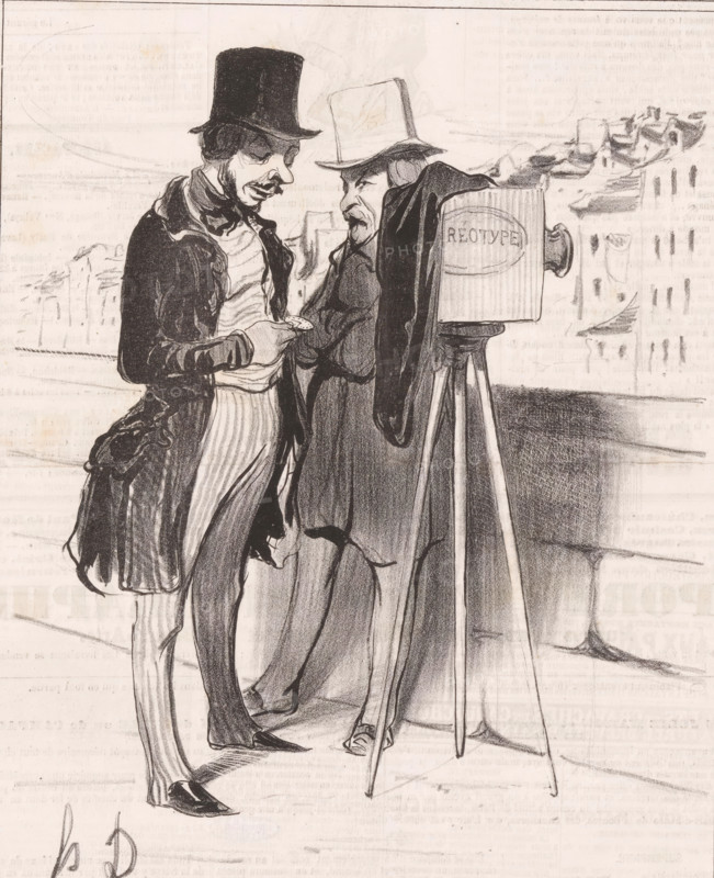 Patience is the virtue of donkeys, Photographer with camera looks at his pocket watch, Proverbs and sayings, Proverbs and maxims, cartoon, Series number, 3, 12, printmaker: Honoré Daumier, printer (person): Aubert & Cie., Paris, publisher: Bauger, 1840, printer (person), paper, lithography, letterpress printing, lithography with text in letterpress on verso, height 363 mm x width 236 mm, Print possibly from: Le Charivari, July 2, 1840., photographer at work, caricatures (human types), watch, Two men stand close together, both wearing long coats and tall hats; one man faces the viewer in profile with a mustache and holds a small round object in his hand while the other leans slightly forward toward him with a darker coat and a hooked nose. Beside them stands an old-fashioned camera on a tripod covered by a cloth, the camera box visible with an oval shape on its side. The background shows faint outlines of building facades and rooftops, and the foreground floor is shaded with pencil stro...