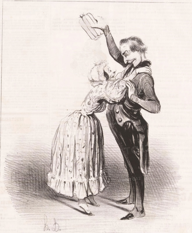 Les petits présens entrétiennent l'amitié, Woman embraces man because of gift, Proverbs and sayings, Proverbes et maximes, cartoon, Series number, 7, 12, stamp: 'Timbre Royal Seine, 3 c.', printmaker: Honoré Daumier, printer (person): Aubert & Cie., Paris, publisher: Bauger, 1840, Honoré Daumier, Aubert & Cie., Bauger, printmaker, printer (person), publisher, paper, lithography, letterpress printing, lithography with letterpress text on verso, height 363 mm x width 236 mm, Print possibly from: Le Charivari, July 24, 1840., caricatures (human types), gifts being accepted, A black and white drawing of a man and a woman standing close together, the man taller and leaning slightly toward the woman while holding a hat high above his head with one arm and gripping his jacket with the other, and the woman facing him with her arms around his shoulders and her head tilted upward; the woman wears a long patterned dress with a ruffled hem and flat shoes, and the man wears a dark tailored coat wit...