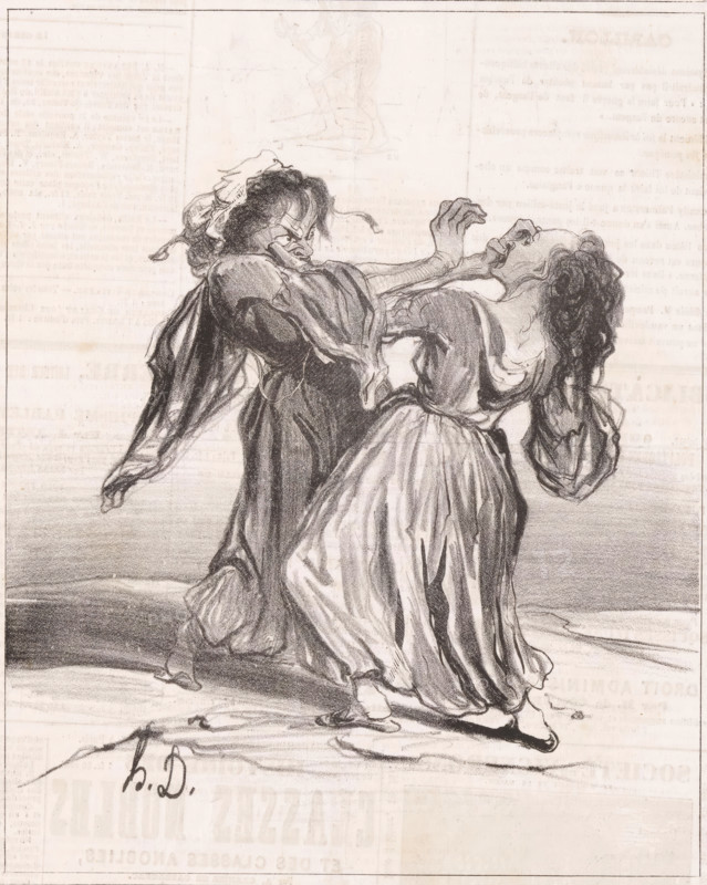 A bon chat bon rat, Two fighting women, Proverbs and sayings, Proverbs and maxims, cartoon, Series number, 8, 12, printmaker: Honoré Daumier, printer (person): Aubert & Cie., Paris, publisher: Bauger, 1840, printer (person), paper, lithography, letterpress printing, lithography with text in letterpress on verso, height 363 mm x height 236 mm, Print possibly from: Le Charivari, August 4, 1840., caricatures (human types), fighting, A monochrome drawing shows two women in dramatic motion on a flat surface. One woman faces forward with a tense expression, hair tied back under a headscarf, wearing a flowing dress and shawl with sleeves stretched as if pushing or restraining. The other woman leans backward with her head thrown back, mouth open, and hair loose, her hands raised near her face and her dress billowing around her lower body. The fabric of their garments is rendered with strong shading and folds, and their bare feet are visible on the ground. The background is mostly blank with fa...