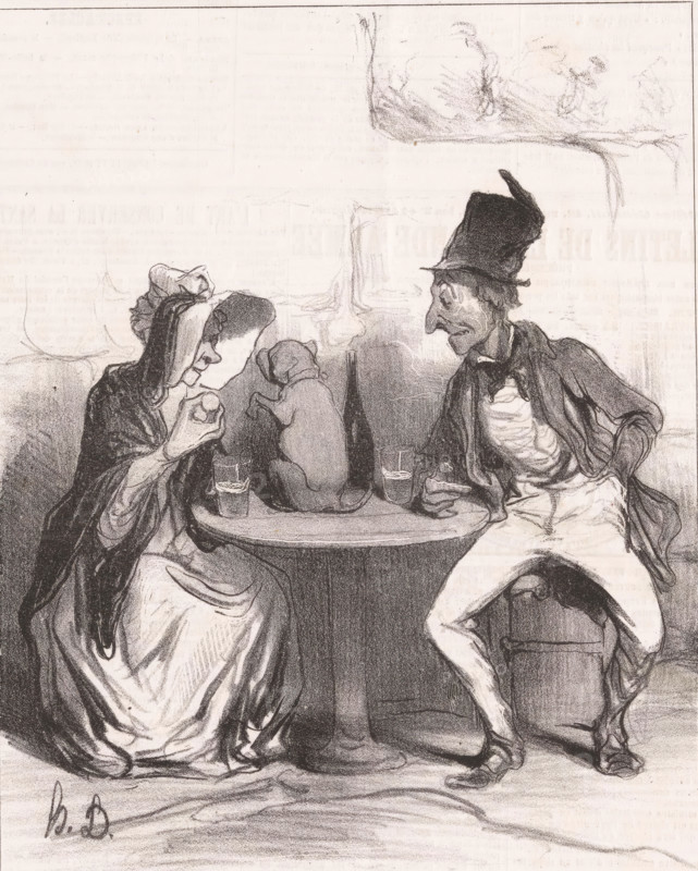 Qui aime Bertrand aime son chien, Man and woman with dog on the table, Proverbs and sayings, Proverbes et maximes, cartoon, Series number, 9, 12, printmaker: Honoré Daumier, printer (person): Aubert & Cie., Paris, publisher: Bauger, 1840, printer (person), paper, lithography, letterpress printing, lithography with letterpress text on verso, height 363 mm x width 236 mm, Print possibly from: Le Charivari, July 22, 1840., inn, coffee-house, public house, training of dogs, caricatures (human types), A monochrome drawing shows two seated figures facing each other across a round table with a bottle and two glasses on it, a small dog sits on the table between them facing away; the figure on the left appears wearing a bonnet and shawl, holding a small round object near their face with one hand while the other rests near a glass; the figure on the right wears a tall hat and a loose coat with visible ribs and holds a glass in one hand with the other arm resting on the table, legs spread and fee...