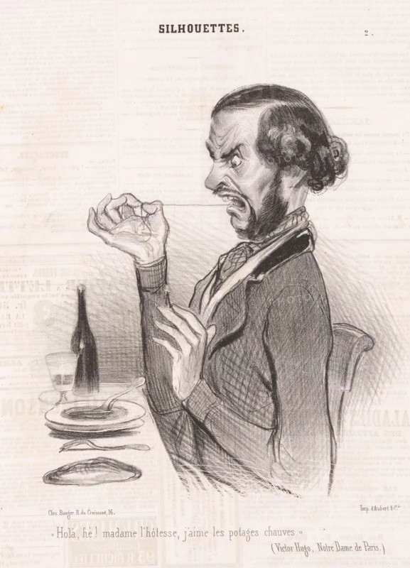 Holà, hey! Madame l'hôtesse, Man finds her in his soup, Small pleasures and displeasures, Silhouettes, cartoon, Series number, 2, 8, printmaker: Honoré Daumier, printer (person): Aubert & Cie., Paris, publisher: Bauger, 1840, Honoré Daumier, Aubert & Cie., Bauger, printmaker, printer (person), publisher, paper, lithography, letterpress printing, lithography with text in letterpress on verso, height 363 mm x width 243 mm, Print possibly from: Le Charivari, October 15, 1840., caricatures (human types), broth, soup, A monochrome lithograph of a seated man in profile facing left, with a pronounced nose, furrowed brow, and an intense expression, his hair pulled back into a bun and facial hair along his jaw; he holds a thin strand between his fingers and teeth, one hand raised near his face while the other rests near his chest, wearing a jacket and a scarf or cravat at his neck; in front of him on the table are a plate with a spoon, a bottle, and a glass, with utensils and a folded napkin vi...