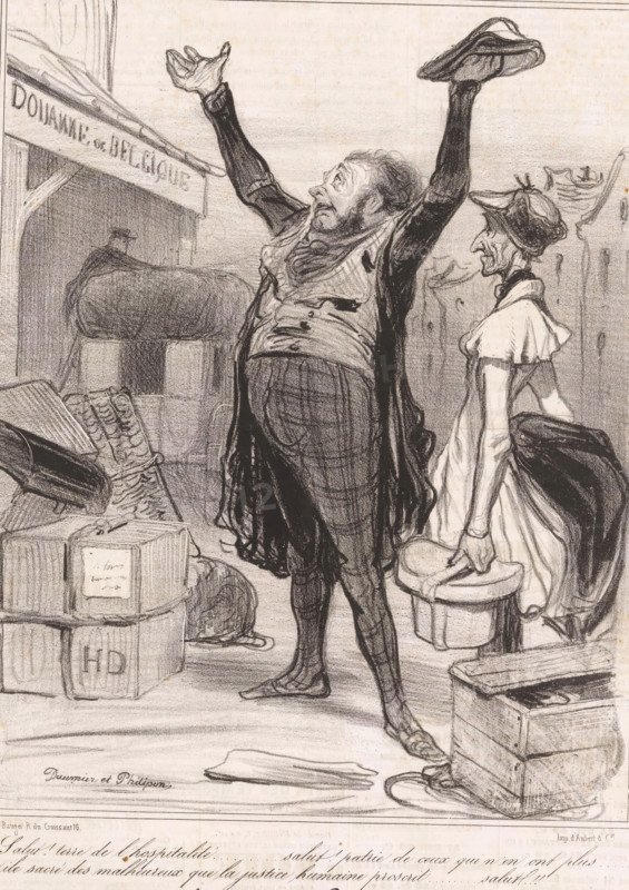 Robert Macaire and Bertrand at the Belgian border, Robert Macaire, cartoon, Series number, 1, 20, Second series., printmaker: Honoré Daumier, printer (person): Aubert & Cie., Paris, publisher: Bauger, 1840, printer (person), paper, lithography, letterpress printing, lithography with letterpress text on verso, height 362 mm x width 237 mm, Print possibly from: Le Charivari, October 25, 1840., caricatures (human types), customs, A pencil drawing of a street scene showing a portly man facing upward with arms raised and one hand holding a hat, wearing a long coat, vest, and striped trousers, his mouth open and face turned to the sky; beside him a thin woman in a dress and bonnet stands holding a round hatbox and a cloak draped over her arm, her profile turned toward the man; around them are stacked crates and parcels, a coiled rope, and a wooden crate; in the background a covered wagon or bales are positioned beneath an awning with partial signage, and a shadowed figure stands near the wag...
