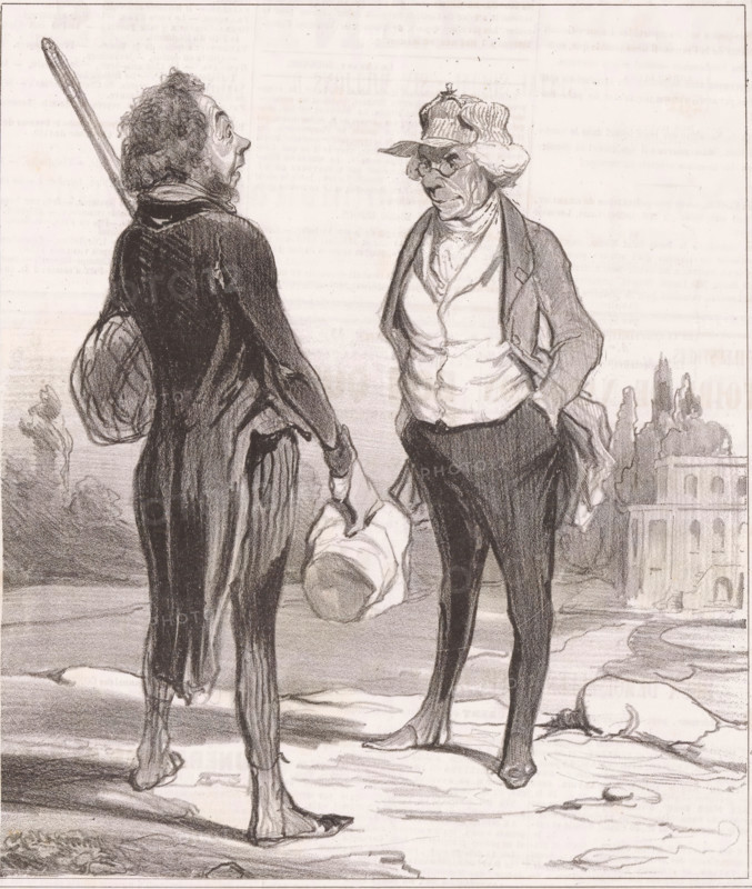 Robert Macaire tells a man why he is leaving France, Robert Macaire, cartoon, Series number, 3, 20, Second series., printmaker: Honoré Daumier, printmaker: Charles Philipon, printer (person): Aubert & Cie., Paris, publisher: Bauger, 1840, printer (person), paper, lithography, letterpress printing, lithography with text in letterpress on verso, height 363 mm x width 230 mm, Print possibly from: Le Charivari, December 12, 1840., caricatures (human types), outcasts, pariahs, A pencil sketch shows two standing men facing each other outdoors on a path with distant trees and a building; the man on the left is seen from behind and in profile, wearing a tattered dark coat with visible tears and patches, carrying a round bundle tied to his back and holding a long stick over his shoulder, his hair is curly and unkempt and his feet are bare; the man on the right faces forward with hands in his pockets, wearing a jacket over a wrinkled shirt and a soft cap with ruffled edges, he has glasses and a ...