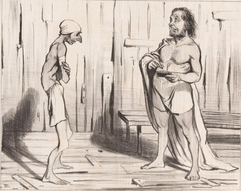 Robert Macaire and Bertrand in the pool, Robert Macaire, cartoon, Series number, 17, 20, Second series., printmaker: Honoré Daumier, printer (person): Aubert & Cie., Paris, publisher: Bauger, 1842, printer (person), paper, lithography, letterpress printing, lithography with letterpress text on verso, height 240 mm x width 318 mm, A black and white drawing of two barefoot men standing on a wooden floor in front of a paneled wooden wall, one man on the left is thin and hunched, wearing a cap and a short tunic with his arms crossed and his head bowed, the other man on the right is heavier, partially draped in cloth around his waist and shoulders, holding a shallow dish and looking upward with a beard and unkempt hair, a small bench sits between them and shadows and wood grain are rendered across the floor and wall.