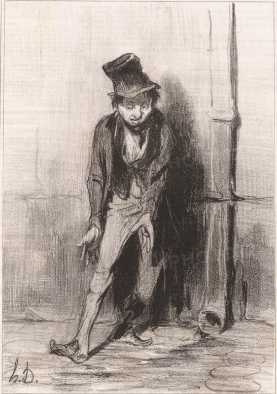 Drunkard with worn boots near drainpipe, Cré nom! Elles sont plus heureuses, Banal situations, Vulgarités, cartoon, Series number, 2, 10, printmaker: Honoré Daumier, printer (person): Aubert & Cie., Paris, publisher: Bauger, 1841, printer (person), paper, lithography, letterpress printing, lithography with letterpress text on verso, height 363 mm x width 244 mm, Print possibly from: Le Charivari, March 12, 1841., drunkard, caricatures (human types), clothed in rags, A tall, thin figure stands slightly hunched against a wall, wearing a worn top hat and layered, tattered clothing including a long coat and trousers with visible patches and tears; the face is gaunt with deep-set features and a downcast expression, hands hanging low with long, bony fingers; a shadow falls behind the figure toward a tall vertical column or post on the right, and at the figure’s feet a small round object lies on the ground near the base of the column; the scene is rendered in dark, sketchy lines and soft shad...