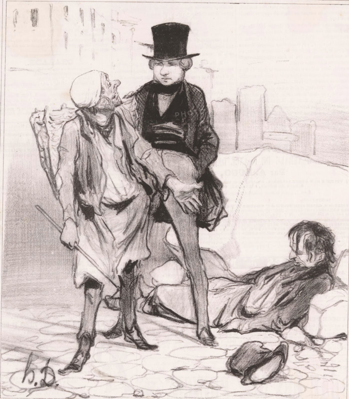 Ne laissez donc pas votre ami dans cet état lá!, Man with two ragged figures on a construction site, Banal situations, Vulgarities, cartoon, Series number, 4, 10, printmaker: Honoré Daumier, printer (person): Aubert & Cie., Paris, publisher: Bauger, 1841, printer (person), paper, lithography, letterpress printing, lithography with letterpress text on recto and verso, height 317 mm x width 244 mm, Print possibly from: Le Charivari, June 1, 1841., drunkard, caricatures (human types), outcasts, pariahs, A monochrome sketch of three figures on a cobbled surface, showing a standing older woman wearing a headscarf and a long dress with a cloak, holding a stick and looking upward, a younger man in a tall hat and dark coat seated partly on a rock with one leg raised and one hand resting on his knee, and a seated man leaning back against stones with a weary expression and disheveled hair. The foreground shows a discarded hat on the ground and textured cobbles, while the background contains fain...