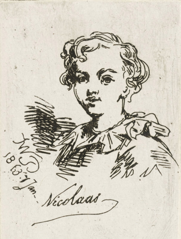 Portrait of Nicolaas Pieneman at the age of 4, print, Portrait of Nicolaas Pieneman, son of the artist, at the age of 4., printmaker: Jan Willem Pieneman, Northern Netherlands, 1813, paper, etching, height 71 mm x width 48 mm, Person, Nicolaas Pieneman, historical persons, child, A black ink sketch on aged paper showing the upper body of a young person with short, wavy hair and a rounded face, looking slightly to the side; the figure wears a garment with a ruffled collar and a bow at the shoulder, and bold, varied ink strokes create shading and texture around the neck, shoulder, and behind the figure where hatched lines suggest a background element; the paper shows subtle stains, smudges, and faint vertical scratches.
