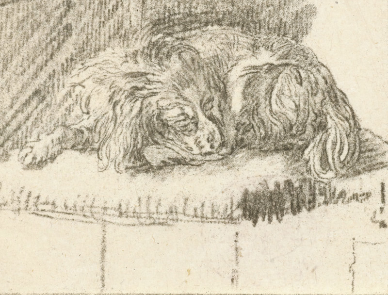 Lying dog, print, printmaker: Cornelis Brouwer, after drawing by Frans van Mieris, 1777, Cornelis Ploos van Amstel, supervision, Amsterdam, paper, print drawing, crayon manner, transfer print, etching in crayon manner, proof print, height 75 mm x width 91 mm, dog, A charcoal or pencil sketch of a sleeping dog curled on a flat surface, showing textured fur and a relaxed face with closed eyes and drooping ears, shaded background behind the dog and faint sketch marks on the area below the surface.
