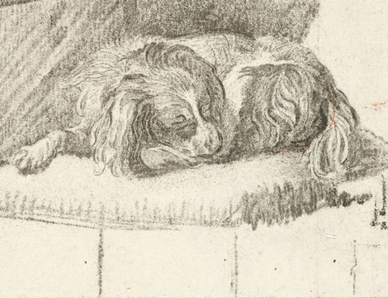 Lying dog, print, printmaker: Cornelis Brouwer, after drawing by Frans van Mieris, publisher: Cornelis Ploos van Amstel, 1777, supervision, Amsterdam, paper, print drawing, crayon manner, transfer print, etching in crayon manner, height 73 mm x width 90 mm, dog, A charcoal or pencil sketch of a dog lying down with its head resting on its front paw, showing long, wavy fur and closed eyes, with shaded areas indicating the contours of its body and a textured background.