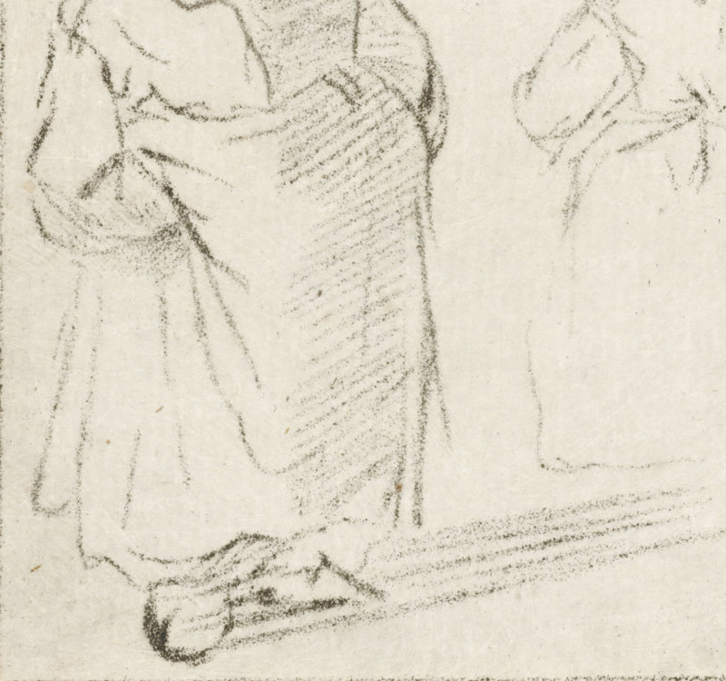 Two young children, print, A girl with her hands under her apron. Another girl seen from the back., printmaker: Cornelis Ploos van Amstel, Amsterdam, printmaker: Bernhard Schreuder (possibly), after design by Adriaen van Ostade, 1756 - 1767, paper, crayon manner, transfer, etching in crayon manner, proof print, height 81 mm x width 78 mm, girl (child between toddler and youth), A close view of a textured light background with faint dark charcoal strokes forming curved and diagonal lines that suggest folds and drapery, showing densely dotted shading in some areas and softer, scattered marks in others, with a darker vertical shaded band near the center and delicate smudged outlines toward the edges.