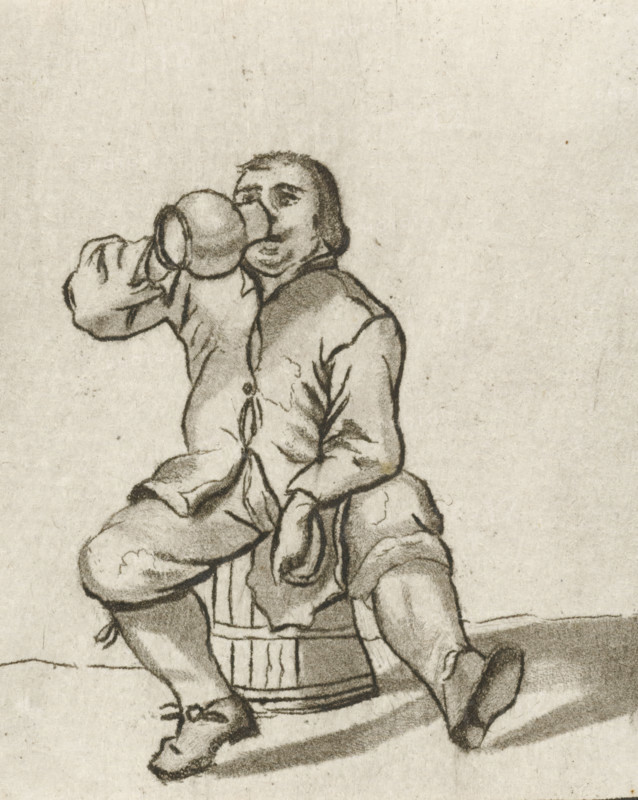 Drinking man sitting on a barrel, print, A man puts a jug to his mouth while sitting on a barrel., printmaker: Cornelis Ploos van Amstel, Amsterdam, 1736 - 1798, paper, print drawing, etching, roulette, etching and roulette, proof print, height 61 mm x width 51 mm, drinking, jar, jug (used as drinking-vessel), A charcoal or pencil drawing of a seated person wearing loose, rumpled clothing and short hair, shown drinking from a large rounded vessel held to their mouth, with a rounded face and visible eyes and nose; the figure sits on a cylindrical object with vertical slats and a rounded top, one leg bent and the other extended, wearing simple shoes with tied laces, and shadows beneath the legs and feet; the background is a plain, textured surface.