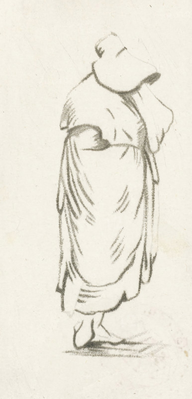 Standing woman, print, Standing woman holding a handkerchief to her face., printmaker: Cornelis Ploos van Amstel, Amsterdam, 1736 - 1798, paper, print drawing, crayon manner, transfer print, etching in crayon manner, proof print, height 126 mm x width 62 mm, adult woman, A charcoal or pencil sketch of a standing figure draped in a long garment with flowing folds, wearing a hood or large hat that obscures the face, with visible shoulders and arms covered by the outer fabric, the lower garment falling to the ankles and showing simple footwear, all rendered with soft, textured strokes on a light, slightly mottled background.