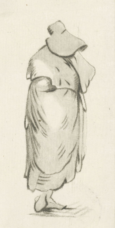 Standing woman, print, Standing woman holding a handkerchief to her face., printmaker: Cornelis Ploos van Amstel, Amsterdam, 1736 - 1798, paper, print drawing, crayon manner, transfer, roulette, etching in crayon manner and roulette, proof print, height 127 mm x width 63 mm, adult woman, A charcoal sketch of a standing figure seen from behind, wearing a loose, draped garment and a wide-brimmed hat; the garment shows soft folds and shading suggesting layered fabric, with darker charcoal lines emphasizing creases and hems, and the figure's lower legs and feet are indicated with simple contour strokes and shadow on a plain, light background.