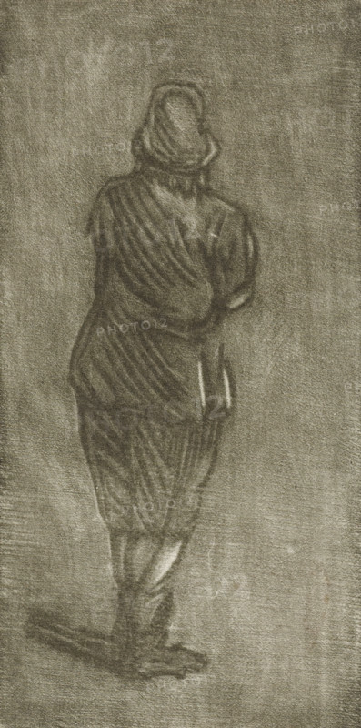 Standing man, seen from behind, print, printmaker: Cornelis Ploos van Amstel, Amsterdam, 1736 - 1798, paper, print drawing, mezzotint, height 127 mm x width 63 mm, standing figure, A charcoal or pencil sketch of a person seen from behind standing with a slight lean, wearing a hat and a loose coat or cloak with visible folds and drapery, pants with diagonal shading, and shoes; the figure is centered against a textured, grainy background with subtle variations in tone.