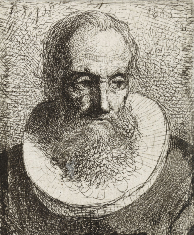 Portrait of an unknown man, print, Portrait of a man with a beard and ruffled collar., printmaker: Bastiaan de Poorter, The Hague, 1863, paper, etching, height 70 mm x width 55 mm, anonymous historical person portrayed alone, A close-up black and white etched portrait showing the head and upper torso of an older man with a receding hairline, deep-set eyes, a long nose, and a full curly beard extending onto his chest, rendered with dense crosshatching and fine linework that creates textured shadows across his face, hair, collar, and background, with a rounded collar framing his neck and circular lines suggesting a plate or collar beneath.