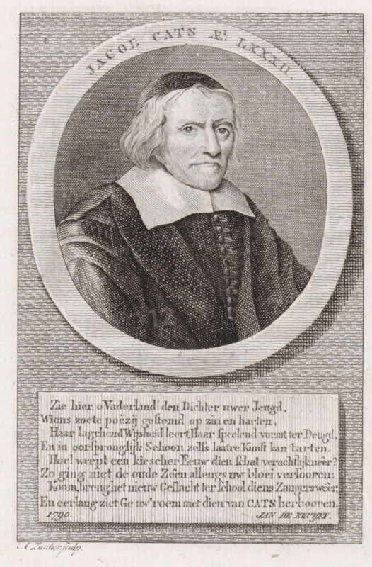 Portrait of Jacob Cats, print, Grand Pensionary of Holland and poet., number: '335', printmaker: Antoni Zürcher, writer (clerical worker): Jan de Kruyff (1753-1821), publisher: Johannes Allart (possibly), Amsterdam, 1790, writer (clerical worker), paper, etching, engraving, etching and engraving, height 135 mm x width 84 mm, Print possibly used in: Cats, 1790., Person, Jacob Cats (1577-1660), A monochrome engraved portrait of an older person shown from the chest up inside an oval frame, with shoulder-length hair and a small cap, wearing a wide flat collar and a dark buttoned garment with textured shading; the oval is set against a lined rectangular background and there is a rectangular panel below filled with closely spaced horizontal lines and blocks of smaller decorative markings.