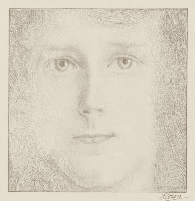 Head of a girl (original title), Portrait of Willy Timmerman, print, printmaker: Jan Toorop (signed by artist), 1895, paper, lithography, height 168 mm x width 164 mm, It was long mistakenly thought that the girl was Marie (Mies) Drabbe., Person, Willy Timmerman, historical persons, girl (child between toddler and youth), A close-up pencil drawing of a human face shown within a rectangular frame, featuring softly shaded eyes with visible irises and pupils, subtle eyebrows, a slender nose with delicate shading around the nostrils, and gently outlined lips; the face is rendered with fine, curved pencil strokes suggesting long hair framing both sides, and the overall tone is light with gradations of gray and textured pencil marks across the skin and hair.