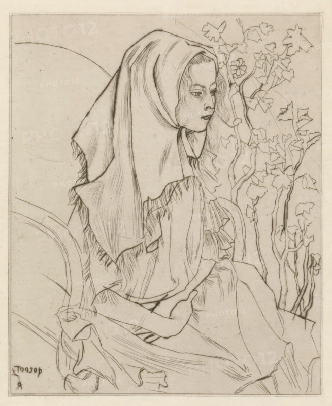 Sick child (original title), Charley Toorop with headscarf in an armchair, print, printmaker: Jan Toorop, 1898, paper, drypoint, intaglio printmaking technique, drypoint with plate tone on zinc, height 164 mm x width 138 mm, Person, Charley Toorop, historical persons, girl (child between toddler and youth), patient, sick person, A line drawing of a young person seated in profile, wearing a hooded garment with flowing folds and fringed edges, the face shown in three-quarter view with downcast eyes and a neutral expression, hair peeking from beneath the hood in soft waves, the body draped in layered clothing with visible creases and gathered sleeves, one hand resting on the lap and another partially visible near the hem, a background of slender vine-like branches with stylized leaves and a single flower rising beside the figure, all rendered in fine, delicate pencil or ink lines on a lightly textured, pale background.