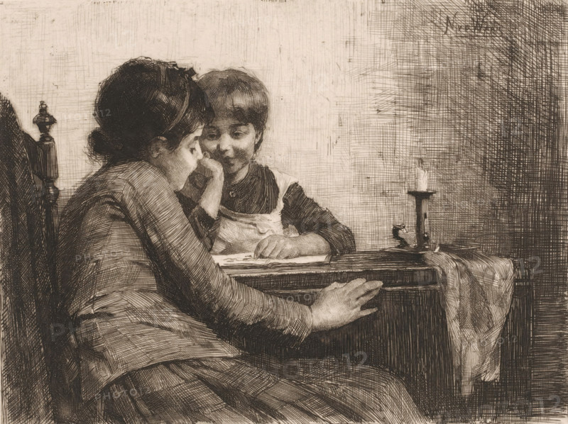 An art appreciation, print, Two children with a book lying open on a table., inscription: 'distel 1886', printmaker: Nicolaas van der Waay, 1865 - 1936, paper, chine collé, etching, drypoint, intaglio printmaking technique, height 175 mm x width 232 mm, child and art, A detailed monochrome etching shows two seated figures at a table; one figure with dark hair pulled back leans forward with an elbow on the table and a hand near the face, wearing layered clothing with visible folds, while the other figure, with shorter hair and a lighter apron-like garment, faces the first with a slight smile and both hands resting on the table near a sheet of paper; a tall candlestick with a small flame stands on the table beside a draped cloth, and a carved chairback is visible behind the leaning figure, all rendered with dense cross-hatching and fine line work against a textured background.