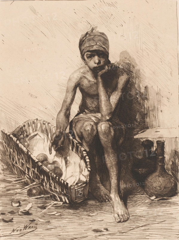 Neapolitan fruit seller, Fruit seller, print, inscription: 'd... 1883', printmaker: Nicolaas van der Waay, printer (person): Roeloffzen & Hübner, Amsterdam, 1865 - 1936, printer (person), paper, chine collé, etching, intaglio printmaking technique, aquatint, height 228 mm x width 172 mm, merchant, salesman, fruits, Naples, A monochrome etching shows a barefoot child seated with one elbow resting on a knee and a hand supporting the chin, wearing a wrapped headscarf and minimal clothing, gaze directed forward; next to the child is a woven basket tipped on its side with rounded objects and fabric inside, and scattered fragments lie on the ground nearby; behind and beside the child are textured shadows and crosshatched shading, along with a large rounded vessel and other containers partially visible.