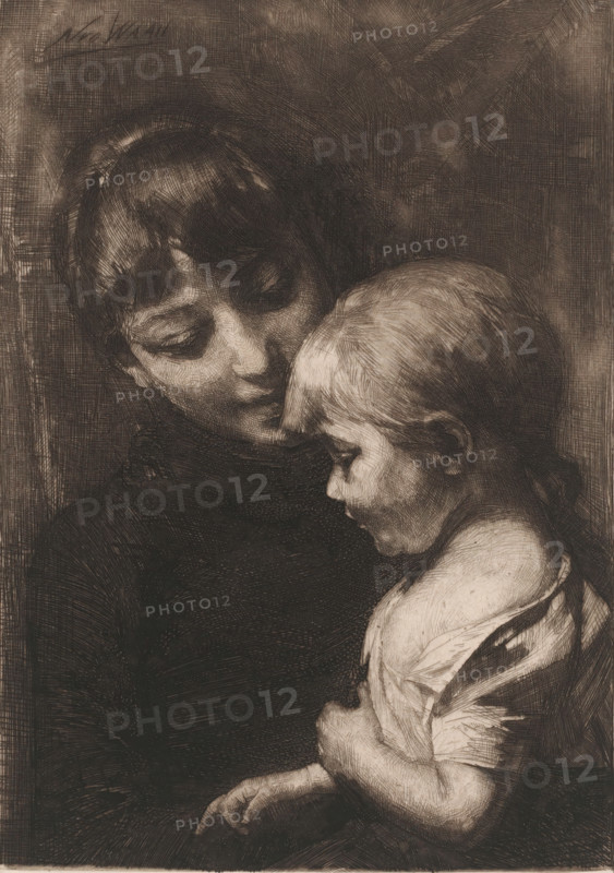 Bad mood, Woman with child, print, printmaker: Nicolaas van der Waay, 1865 - 1936, paper, chine collé, etching, intaglio printmaking technique, drypoint, height 228 mm x width 172 mm, mother and child(ren), woman and child(ren) (family group), A monochrome etching showing a close view of an adult and a child in an intimate pose, the adult's head tilted down toward the child with eyes lowered and hair cut short with bangs, the child's head resting near the adult's chest with a rounded forehead and short hair, both faces rendered with fine crosshatched lines and soft shadows, the adult wearing a dark high-necked garment and the child wearing a lighter short-sleeved garment with visible folds, the child's arm held across the body and a small hand extending downward, the background filled with dense crosshatching and textured shading.