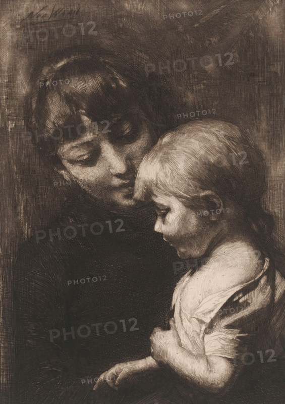 Woman with child, print, printmaker: Nicolaas van der Waay (signed by artist), 1865 - 1936, paper, chine collé, etching, drypoint, intaglio printmaking technique, height 228 mm x width 172 mm, mother and child(ren), woman and child(ren) (family group), A monochrome etching of an adult and a child closely positioned, the adult's face turned toward the child's head with closed eyes and softly rendered hair, the child facing downward with a visible profile and short hair, the child's shoulder and upper arm exposed and softly shaded, textured cross-hatching throughout creating depth and shadow, the adult wearing a dark garment and the child's lighter clothing showing folds, both figures occupying the central area against a shaded background.