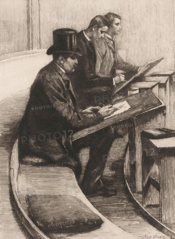 In Felix, Drawing Men, print, inscription: 'distel 1887', printmaker: Nicolaas van der Waay, 1865 - 1936, paper, chine collé, etching, drypoint, intaglio printmaking technique, height 228 mm x width 173 mm, drawing-lesson, Amsterdam, Felix Meritis, An ink drawing shows three seated men in profile at angled desks, each holding a drawing board and sketching tools; the nearest man wears a tall top hat and a dark coat, the two behind him wear suits and have neatly combed hair; the desks have slanted surfaces and a small cylindrical container sits on one, while a cushioned bench with a rectangular pillow runs along the foreground; crosshatched shading and fine linework define clothing folds, wood grain on the desks, and the paneled wall behind them.