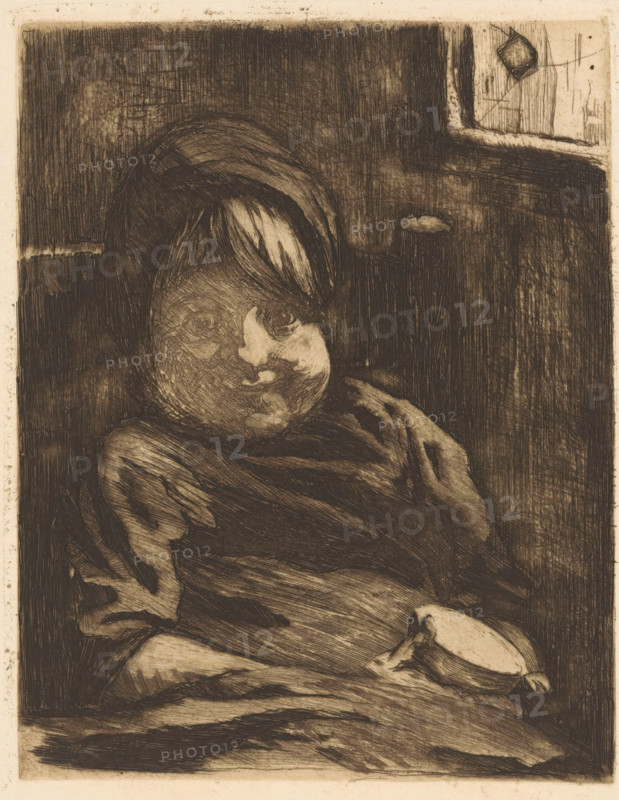 Sitting child with a cup, print, watermark: '...an Gelder Zonen, Holland', printmaker: Willem Witsen, Ewijkshoeve (Den Dolder), c. 1885, Den Dolder, paper, etching, intaglio printmaking technique, height 200 mm x width 141 mm, child, chair, cup, A sepia-toned etching shows a childlike figure with a rounded face and short hair wearing a cap and a loose garment, sitting against a dark, heavily textured background; the figure's eyes and facial contours are rendered with dense crosshatching and the hands rest near a shallow bowl held at the figure's side, while the surrounding area includes vertical and horizontal etched lines and a rectangular framed section in the upper corner.