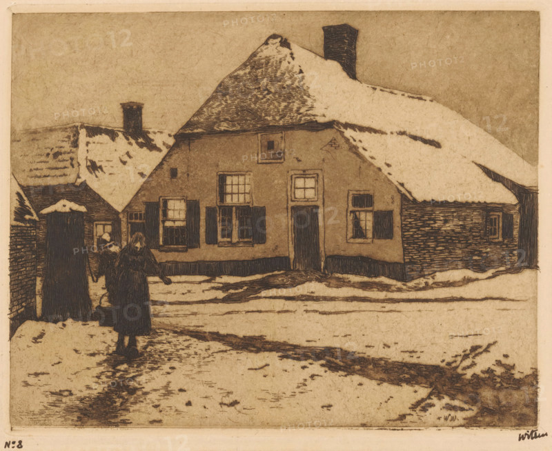 Snow-covered houses on a road in Ede, print, On the left, someone stands by a pump. A woman is carrying a bucket., inscription: 'No. 8', signature: 'Witsen', printmaker: Willem Witsen (signed by artist), Ede, c. 1897, paper, etching, aquatint, intaglio printmaking technique, height 190 mm x width 238 mm, snow, village street, housing, water-supply (, public services), A sepia-toned scene shows a row of snow-covered buildings with steep roofs and visible chimneys, rendered with fine etched lines and textured shading. The central building has multiple windows with shutters and a door, and snow rests along roof edges and window sills. In the foreground, a figure wearing a long dark coat and a head covering walks along a snow-dappled path, casting a shadowed outline on the ground. To the left, another tall dark form stands near a doorway, and a third partially visible figure appears near a side entrance. The ground displays tracks and irregular patches of snow and exposed earth, and the sk...
