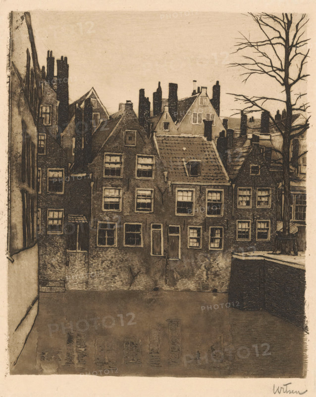Groenendaal in Rotterdam, print, Groenendaal, filled in in 1911, seen from the Nieuwehaven in Rotterdam., watermark, printmaker: Willem Witsen (signed by artist), c. 1897 - c. 1898, paper, etching, aquatint, intaglio printmaking technique, drypoint, height 238 mm x width 187 mm, Published in the portfolio Hollandsche Prentkunst, 1st volume, edited by RN Roland Holst and Jan Veth, published by Scheltema & Holkema's Boekhandel, Amsterdam 1898. Identifiable by the number 5, in blind embossing on the recto bottom right., urban housing, trees, canals, waters (in city), Rotterdam, Groenendaal (Rotterdam), A sepia-toned etching showing a row of narrow brick houses with steep roofs and multiple chimneys, each building featuring framed windows and some with small dormers, a bare tree with many branches rising on the right side, a canal or water surface in the foreground reflecting faint shapes, and architectural details like roof tiles, window panes, and vertical chimneys visible against a pale...