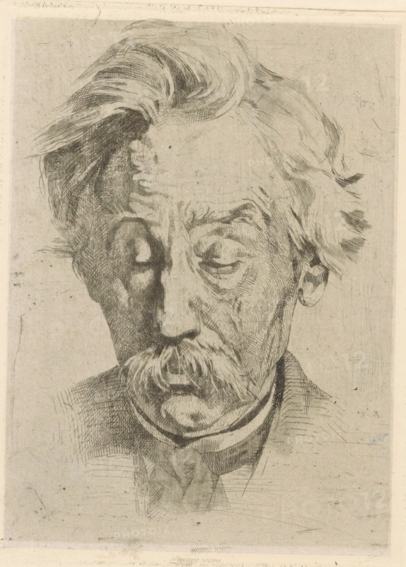 Portrait of Dr. Jacob Christiaan Muller, print, printmaker: Willem Witsen, Ewijkshoeve (Den Dolder), c. 1884, Den Dolder, paper, chine collé, etching, roulette, intaglio printmaking technique, height 166 mm x width 124 mm, Person, Jacob Christiaan Muller, historical persons, A monochrome etching of an older man’s head and upper torso, showing detailed line work for thinning hair swept back and a prominent mustache; his eyes are closed and his face features pronounced wrinkles and shadowed contours rendered with hatch marks; the background is plain with visible paper texture and small blemishes, and the clothing includes a high collar and a loosely tied neckpiece.