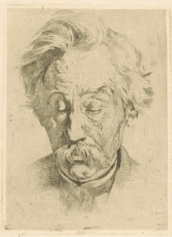 Portrait of Dr. Jacob Christiaan Muller, print, printmaker: Willem Witsen, Ewijkshoeve (Den Dolder), c. 1884, Den Dolder, paper, etching, intaglio printmaking technique, roulette, height 166 mm x width 123 mm, Person, Jacob Christiaan Muller, historical persons, A sepia-toned etching of an older man's head and upper shoulders fills the frame, showing a high forehead with swept-back hair, deep-set eyes with heavy lids, pronounced cheekbones, a long nose, and a thick mustache and goatee; fine cross-hatched lines render wrinkles, shadowing, and hair texture, with darker shading on one side of the face and lighter strokes elsewhere, and a simple collar and neckwear visible at the base against a plain, slightly mottled background.