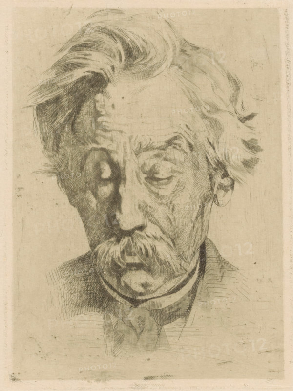 Portrait of Dr. Jacob Christiaan Muller, print, printmaker: Willem Witsen, Ewijkshoeve (Den Dolder), c. 1884, Den Dolder, paper, etching, roulette, intaglio printmaking technique, height 166 mm x width 124 mm, Person, Jacob Christiaan Muller, historical persons, A faded monochrome sketch of an older man's head and upper torso fills the image, rendered with fine hatched lines on a pale textured background. The man's hair is swept back with loose strands and visible strokes showing volume, one side darker with denser crosshatching. His face shows deep lines and shading emphasizing the brow, cheek, and nasolabial areas, with one eye in shadow and the other partially visible beneath a heavy eyebrow. He has a prominent mustache and a small beard or goatee sketched with curved, directional lines. The collar and upper part of a garment are suggested with lighter hatching, and the entire composition is framed by a faint rectangular border and scattered small marks on the paper.