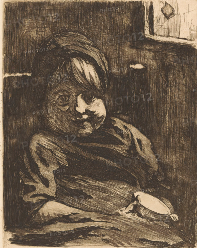Sitting child with a cup, print, watermark: '...an Gelder Zonen, Holland', printmaker: Willem Witsen, Ewijkshoeve (Den Dolder), c. 1885, Den Dolder, paper, etching, intaglio printmaking technique, height 200 mm x width 141 mm, child, chair, cup, A monochrome etched image of a seated child with a rounded face and short hair wearing a cap, the child's eyes looking forward and facial features rendered with dense, crosshatched lines, the child wrapped in a loose garment with folds and shadowing, a small rounded bowl or cup held near the lower edge, a dark textured background with a lighter rectangular area suggesting a window or panel at the upper right and an uneven horizontal light band behind the child's head, the overall composition showing heavy linear marks and varied hatchwork creating depth and contrast.