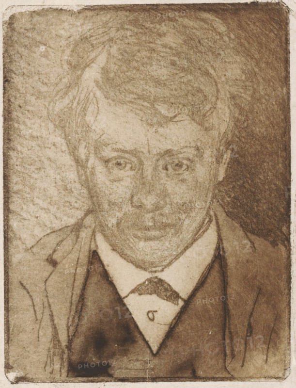 Portrait of Hein Boeken, print, printmaker: Willem Witsen, Amsterdam, c. 1891, paper, soft-ground etching, aquatint, intaglio printmaking technique, height 160 mm x width 120 mm, Person, Hein Boeken, portrait of a writer, A sepia-toned portrait of a man shown from the chest up, rendered in a soft, textured drawing style with visible pencil or charcoal strokes; he has short, wavy hair combed to the side and a narrow face with prominent eyes looking forward, a straight nose, and a mustache above a closed mouth; he wears a collared shirt with a tie and a jacket over it, the clothing shaded to suggest folds and depth; the background is filled with dense, grainy shading framing the head and shoulders, and the image has a worn, aged appearance with a faint border and slight discoloration around the edges.