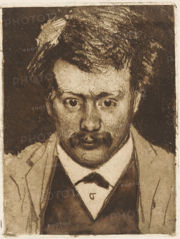 Portrait of Hein Boeken, print, printmaker: Willem Witsen, Amsterdam, c. 1891, paper, soft-ground etching, aquatint, etching, intaglio printmaking technique, height 158 mm x width 120 mm, Person, Hein Boeken, portrait of a writer, A sepia-toned portrait of a man shown from the chest upward, with tousled dark hair, a mustache, and wide eyes looking forward; he wears a collared shirt, a dark vest, and a light-colored jacket, and the image has a textured, sketch-like quality with smudged shading and a darker background framing the head.