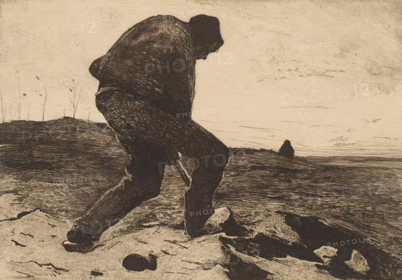 Pile driver, print, Digging man., printmaker: Willem Witsen (signed by artist), c. 1888, paper, etching, intaglio printmaking technique, height 160 mm x width 240 mm, adult man, pushing something, A dark, heavily textured figure wearing a hooded garment is shown in a bent, forward-leaning posture with one leg stepping forward and one foot planted on a rocky surface; the figure holds a long, thin object near the ground. The ground around the figure is rough and uneven with scattered rocks and striated markings. In the background there is a low, rolling landscape with sparse, thin vertical lines resembling bare stems and a solitary dark mound on the horizon. The sky is a pale, lightly speckled expanse with faint linear scratches and smudges.