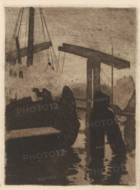 Drawbridge and ship in the fog, print, printmaker: Willem Witsen, Amsterdam, 1887, paper, etching, intaglio printmaking technique, height 197 mm x width 139 mm, ships (in general), drawbridge, fortified city, A muted monochrome scene rendered with textured, sketchlike strokes shows dark silhouetted forms in the foreground that resemble bulky curved shapes and an upright humanlike figure, set against a lighter, grainy background. Horizontal and diagonal beamlike structures cross the upper portion of the image, with thin linear elements hanging or stretching between them. The lower area contains dark, dense masses with visible fine hatch marks and a reflective pattern beneath the standing shape that suggests a disturbed surface. The overall composition emphasizes contrasts between heavily shaded foreground elements and a softly mottled backdrop.