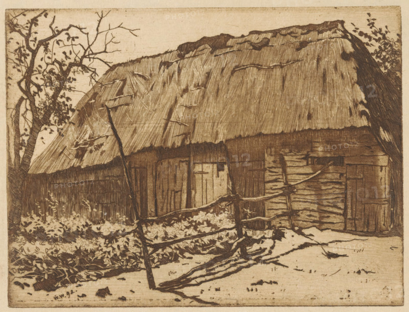 Barn with fence in Brabant, print, printmaker: Willem Witsen, 1892, paper, etching, aquatint, intaglio printmaking technique, height 150 mm x width 149 mm, barn, Oisterwijk, A sepia-toned etching of an old wooden building with a steep thatched roof fills the frame, showing weathered planks, a door, and horizontal and vertical wood grain lines; slender tree trunks and branches with sparse leaves stand in front and to the sides of the structure, casting linear shadows and overlapping the roof and walls; fallen branches and scattered foliage lie on the ground in front of the building, with dense undergrowth and textured leaf patterns; fine etched lines create shading across the roof and walls, and darker cross-hatched areas indicate worn or damaged sections of the wood and thatch.
