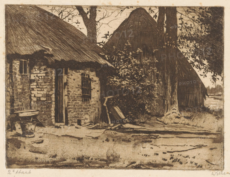Farmhouse with barn in Brabant, print, inscription: '2nd state, 2nd', signature: 'Witsen', watermark, printmaker: Willem Witsen, 1892, paper, etching, aquatint, intaglio printmaking technique, height 119 mm x width 159 mm, barn, Oisterwijk, A sepia-toned etching shows a rural scene with thatched roofs dominating the composition, a low brick building with a small window and a narrow doorway in the foreground, and a larger conical thatched structure behind it; a leaning wooden bench and a bucket sit near the brick wall, while dense foliage and a climbing plant grow between the buildings and a large tree trunk; the ground in front is uneven with scattered stones and faint tracks, and a distant tree line and open field appear at the far right.