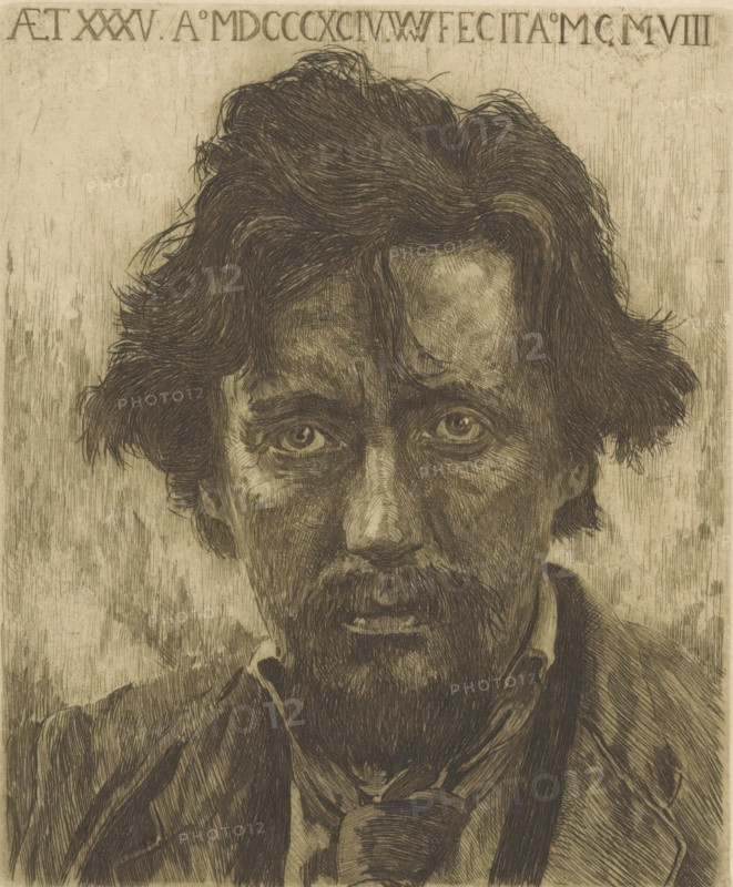 Portrait of Willem Kloos, print, printmaker: Willem Witsen, Amsterdam, printer (person): Dirk Harting, c. 1908 - c. 1909, 1944, printer (person), paper, etching, intaglio printmaking technique, height 180 mm x width 150 mm, Published as a frontispiece in Willem Kloos, Honderd verzen en Okeanos, Amsterdam 1909. The book was published by Willem Versluys in a brown leather binding with gilt lettering and decorations by Theo Nieuwenhuis. Witsen's portrait was a surprise for Kloos' fiftieth birthday., Person, Willem Kloos, portrait of a writer, A sepia-toned etching of a man's face and upper torso fills the frame, showing tousled dark hair, deep-set eyes with detailed irises, pronounced eyebrows, a furrowed forehead, and a long narrow nose; he has a mustache and a full beard with visible individual strokes, a slightly open mouth, and textured skin rendered with fine crosshatching; his clothing includes a collared shirt, a loosely knotted neckerchief, and a jacket with visible lapels and fab...