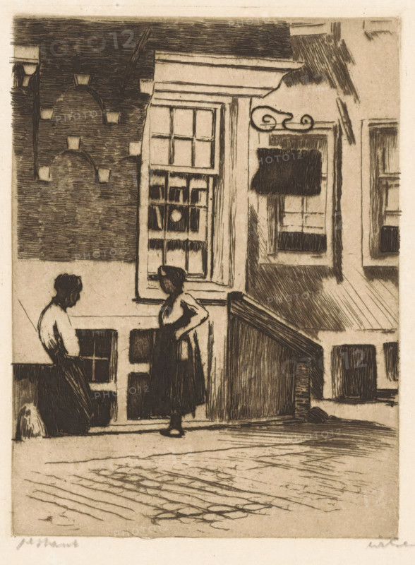 Two women in the Krom Boomsloot in Amsterdam, print, They are standing in front of the side wall of Korte Dijkstraat 2 in Amsterdam., signature: 'Witsen', inscription: '1st state', watermark, printmaker: Willem Witsen (signed by artist), Amsterdam, c. 1905 - c. 1906, paper, etching, intaglio printmaking technique, height 160 mm x width 120 mm, adult woman, city-view, and landscape with man-made constructions, Krom Boomssloot, Korte Dijkstraat, Two women stand outside a row of buildings rendered in dark etched lines on a light background; one woman faces slightly toward the viewer with her hands at her waist and a skirt falling to her calves, the other sits or leans near a lower window with her head turned toward the standing woman. The facade shows multiple windows with muntins and a recessed door area, a small awning above one window, and decorative scrollwork near an upper frame. Stairs or a ramp descend beside the standing woman, and cobblestones and linear street markings stretch a...