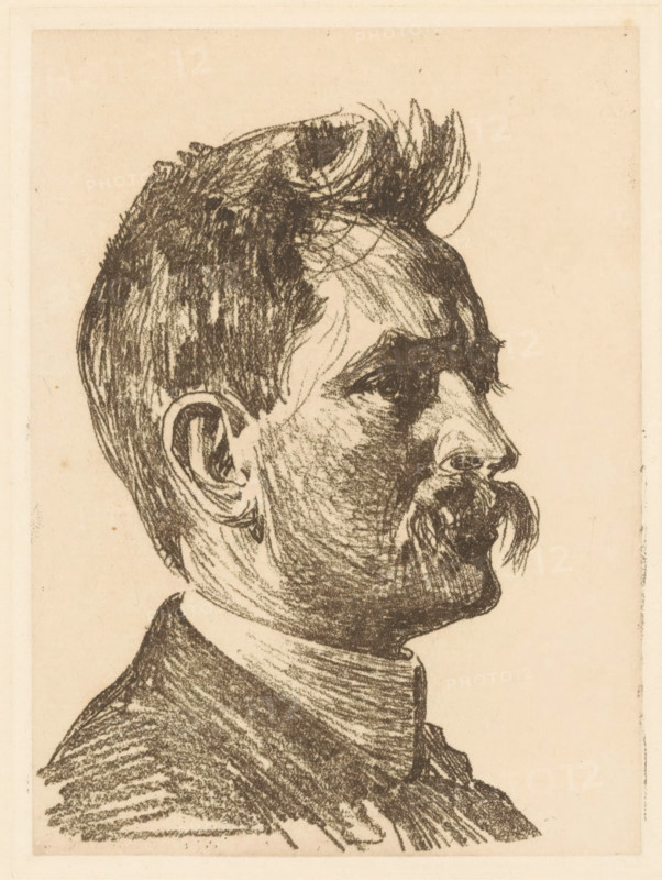 Portrait of Jan Hofker, print, inscription: 'II uitgehaalde druk', watermark, printmaker: Willem Witsen, Amsterdam, c. 1905, paper, soft-ground etching, height 159 mm x width 120 mm, Person, Jan Hofker, portrait of a writer, A monochrome pencil or charcoal sketch of a man's profile facing right, showing a short, textured haircut with a tuft of hair at the top, a pronounced eyebrow, a detailed eye, a defined nose, and a mustache with a small goatee; the ear is visible and the neck is shaded, leading to a high-collared garment with heavy, directional shading and crosshatching, all on a slightly aged, light-toned paper background.